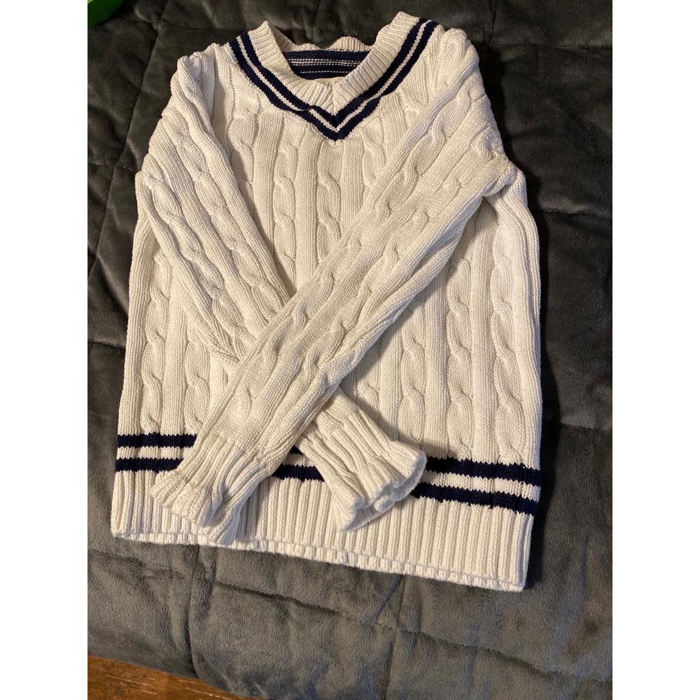 Hope & Henry Kids Organic Cotton Cable Knit V-Neck Sweater White Navy Blue S
688